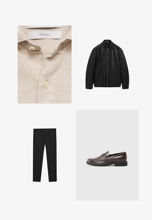 Giacca in pelle nera con zip e colletto alto, progettata con pannelli di pelle liscia e opaca e dotata di due tasche frontali laterali.; Camicia in lino beige con una consistenza morbida, colletto e due bottoni in plastica cremosa. L'etichetta di cura riporta "100% Lino."; Chinos neri con design a gamba dritta, realizzati in tessuto morbido. Presentano una chiusura con bottone, passanti per cintura e tasche laterali. Texture liscia.; Mocassini in pelle marrone con una finitura liscia, caratterizzati da un sottile dettaglio cucito sulla tomaia e una suola in gomma nera.