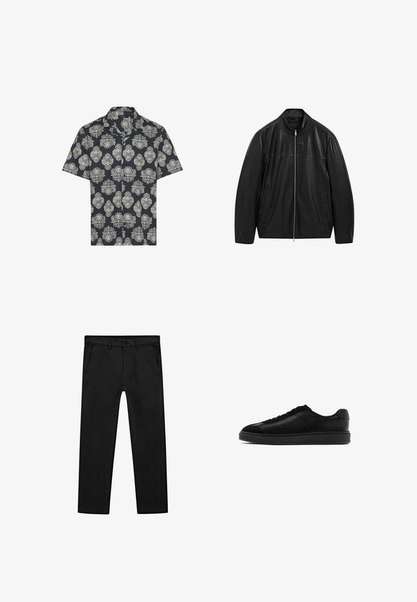 Černá kožená bunda na zip s stojáčkovým límcem a dvěma předními bočními kapsami, navržená s hladkými a matnými koženými panely.; Košile s krátkým rukávem v námořnické barvě, zdobená krémovým květinovým a paisley vzorem, s límečkem a zapínáním na knoflíky.; Černé bavlněné kalhoty s rovnými nohavicemi, předními kapsami a klasickým zapínáním na knoflík se zipem. Hladká textura, střih na míru.; Černé kožené tenisky s hladkým povrchem, kulatou špičkou, šněrováním na přední části a kontrastní texturovanou klopnou. Silná černá gumová podrážka.
