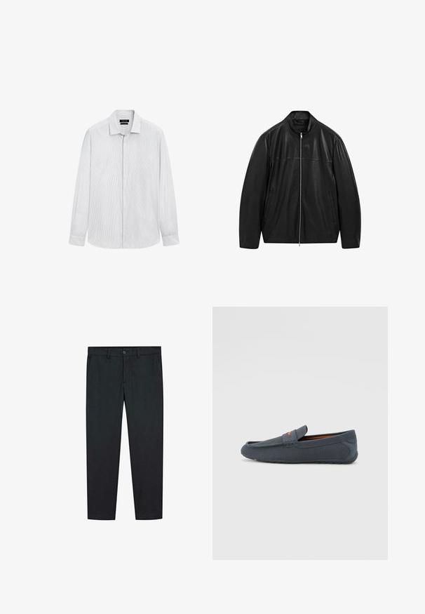 Giacca in pelle nera con zip e colletto alto, progettata con pannelli di pelle liscia e opaca e dotata di due tasche frontali laterali.; Camicia da uomo a maniche lunghe bianca con sottili righe verticali grigie, abbottonatura frontale e colletto a punte.; Pantaloni neri con un design a gamba dritta, realizzati in un tessuto morbido. Presentano due tasche frontali e una chiusura a bottone in vita.; Mocassini grigi perforati con design slip-on, caratterizzati da un accento arancione, punta arrotondata e suola in gomma testurizzata.