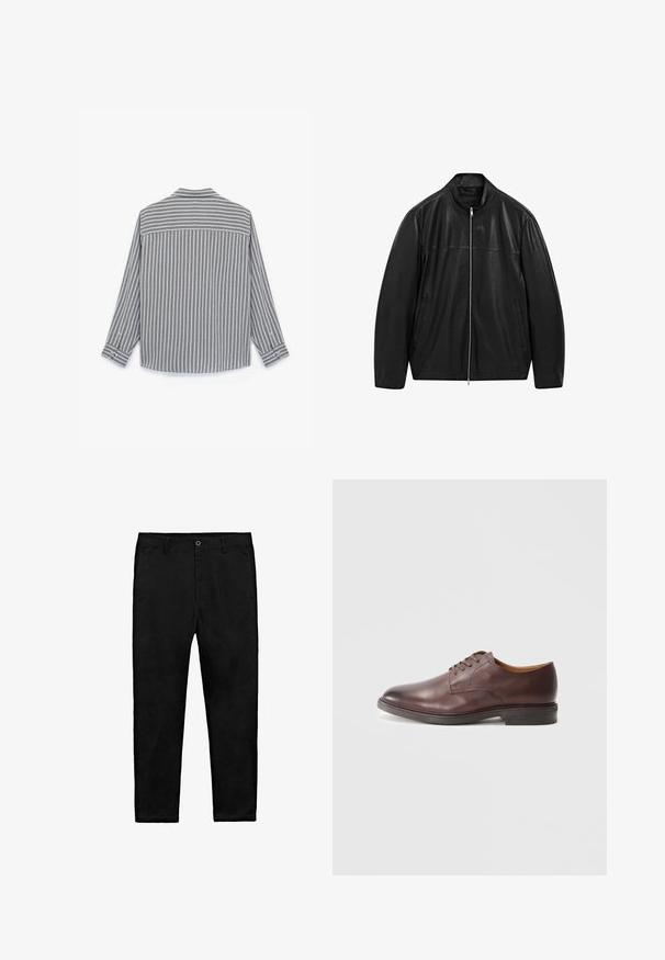 Giacca in pelle nera con zip e colletto alto, progettata con pannelli di pelle liscia e opaca e dotata di due tasche frontali laterali.; Camicia a maniche lunghe grigio e bianco a righe con orlo dritto, polsini a bottoni e colletto, realizzata in un tessuto strutturato.; Pantaloni neri a gamba dritta con chiusura a bottone, passanti per cintura e tasche laterali, stesi su uno sfondo bianco.; Scarpe formali da uomo in pelle marrone con lacci, dalla finitura liscia e tacco impilato su sfondo bianco.