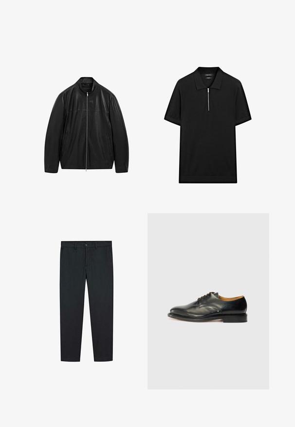 Czarna skórzana kurtka na zamek z stojącym kołnierzem i dwiema przednimi kieszeniami, zaprojektowana z gładkimi i matowymi panelami skórzanymi.; Czarna koszulka polo z krótkim rękawem, z kołnierzykiem stójkowym i zamkiem błyskawicznym z przodu. Wykonana z gładkiego materiału o czystym, minimalistycznym designie.; Czarne spodnie o prostym kroju, wykonane z gładkiego materiału. Posiadają dwie kieszenie z przodu oraz zapięcie na guzik w talii.; Czarne skórzane buty eleganckie z gładkim wykończeniem, okrągłym noskiem i minimalnym sznurowaniem. Charakteryzują się subtelnym wzornictwem oraz niską, solidną gumową podeszwą.