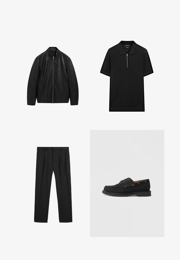 Černá kožená bunda na zip s stojáčkovým límcem a dvěma předními bočními kapsami, navržená s hladkými a matnými koženými panely.; Černé polo tričko s krátkým rukávem, stojatým límečkem a předním zipem. Vyrobeno z hladké tkaniny s čistým, minimalistickým designem.; Černé plisované kalhoty vyrobené z hladkého materiálu, s tradičním pasem a rovnými nohavicemi. Žádné viditelné vzory ani kovové prvky.; Černé kožešinové lodní boty se šněrováním, kovovými očky, kontrastním šitím a robustní gumovou podrážkou pro lepší trakci.