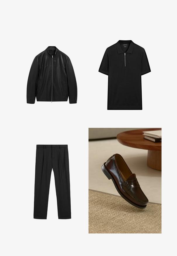 Black zip-up leather jacket with stand collar and two front side pockets, designed with smooth and matte leather paneling.; Black short-sleeve polo shirt with a stand collar and a front zipper. Made of a smooth fabric with a clean, minimalist design.; Black pleated trousers made from a smooth fabric, featuring a traditional waistband and straight-leg design. No visible patterns or hardware.; Brown leather loafers with a glossy finish, featuring a stitched detail across the front and a low-profile black rubber sole.