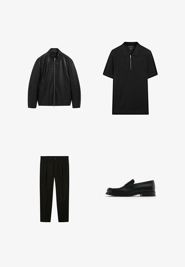 Schwarze Lederjacke mit Reißverschluss und Stehkragen, ausgestattet mit zwei Seitentaschen, gestaltet mit glattem und mattem Leder.; Schwarzes kurzärmliges Poloshirt mit Stehkragen und einem Reißverschluss vorne. Hergestellt aus einem glatten Stoff mit einem klaren, minimalistischen Design.; Schwarze maßgeschneiderte Hose aus glattem Stoff. Zu den Merkmalen gehören eine flache Vorderseite, weite Beine und ein Knopfverschluss am Taillenbund.; Schwarze Leder-Schlüpfschuhe mit runder Zehenform, ausgestattet mit einer dekorativen Fransenapplikation, flachem Absatz und dezenten Nähdetails entlang der Kanten.