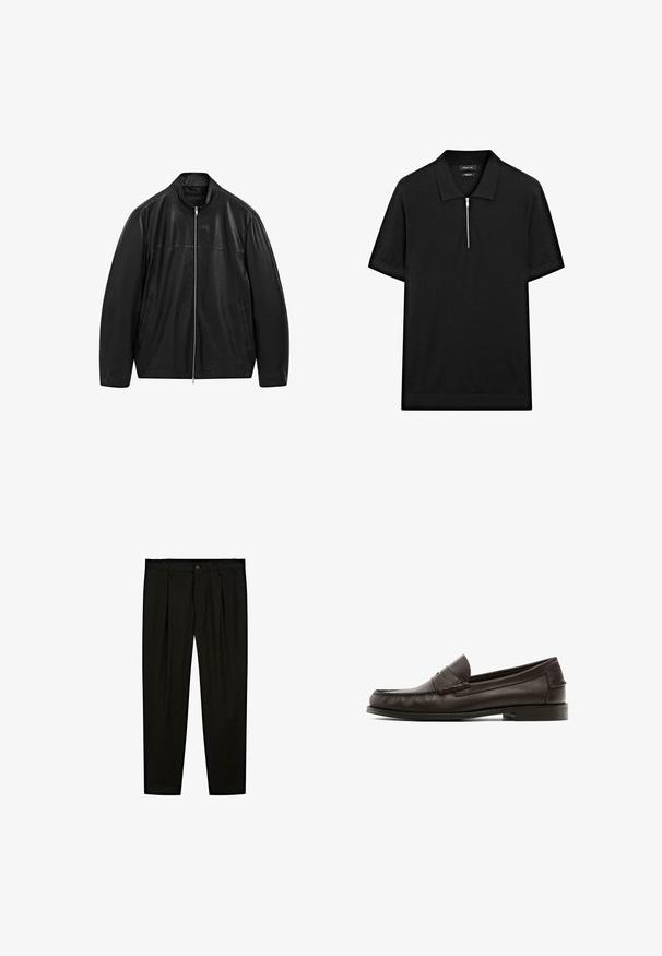 Black zip-up leather jacket with stand collar and two front side pockets, designed with smooth and matte leather paneling.; Black short-sleeve polo shirt with a stand collar and a front zipper. Made of a smooth fabric with a clean, minimalist design.; Black tailored trousers made of smooth fabric. Features include flat front, wide legs, and a button closure at the waistband.; Brown leather loafers with a smooth texture, featuring decorative stitching, a low heel, and a rounded toe design.