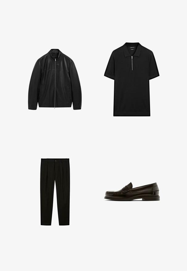 Black zip-up leather jacket with stand collar and two front side pockets, designed with smooth and matte leather paneling.; Black short-sleeve polo shirt with a stand collar and a front zipper. Made of a smooth fabric with a clean, minimalist design.; Black tailored trousers made of smooth fabric. Features include flat front, wide legs, and a button closure at the waistband.; Brown leather loafer with rounded toe, decorative stitching, and a low heel. Smooth texture with minimal hardware and classic design.
