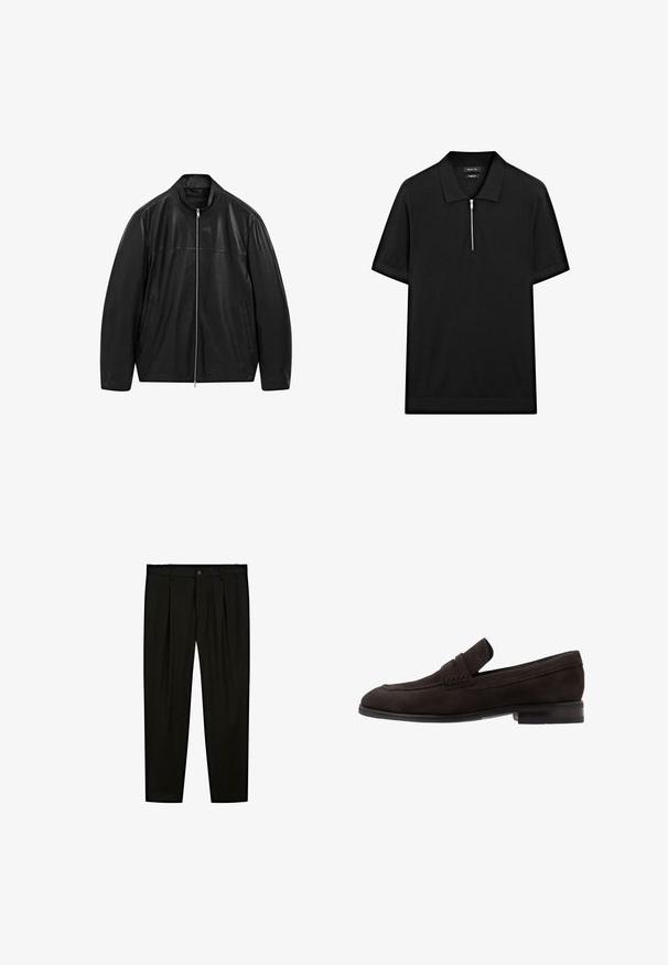 Zwarte leren jack met rits en staande kraag, voorzien van twee voorzakken, ontworpen met een combinatie van gladde en matte leren panelen.; Zwarte polo met korte mouwen, een staande kraag en een rits aan de voorkant. Gemaakt van een gladde stof met een schoon, minimalistisch ontwerp.; Zwarte op maat gemaakte broeken van soepel materiaal. Kenmerken zijn een platte voorkant, brede pijpen en een knoopsluiting bij de taille.; Donkerbruine suède loafers met een platte zool, een gestikte accent langs de rand en een kleine, verhoogde band aan de voorkant.