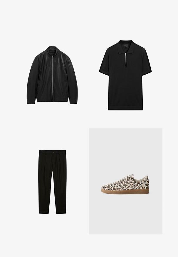 Black zip-up leather jacket with stand collar and two front side pockets, designed with smooth and matte leather paneling.; Black short-sleeve polo shirt with a stand collar and a front zipper. Made of a smooth fabric with a clean, minimalist design.; Black tailored trousers made of smooth fabric. Features include flat front, wide legs, and a button closure at the waistband.; Leopard print sneaker with a textured fur upper, round toe, white laces, and a brown rubber sole. Features classic low-top design.