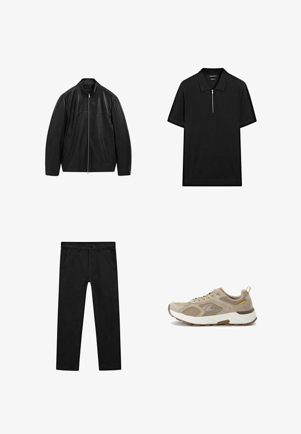 Sort zip-up læderjakke med opretstående krave og to forreste sidelommer, designet med glat og mat læderpaneler.; Sort kortærmet polo skjorte med ståkrave og frontlynlås. Lavet af et glat stof med et rent, minimalistisk design.; Sorte bomuldsbukser med lige ben, forlommer og en klassisk knaplukning med lynlås. Glat tekstur, skræddersyet pasform.; Beige løbesko med en kombination af ruskind og mesh-materialer, polstret krave og en hvid mellemsål med en struktureret brun ydersål.
