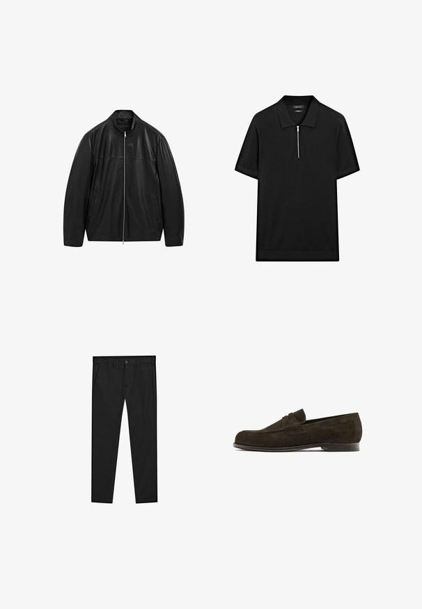 Sort zip-up læderjakke med opretstående krave og to forreste sidelommer, designet med glat og mat læderpaneler.; Sort kortærmet polo skjorte med ståkrave og frontlynlås. Lavet af et glat stof med et rent, minimalistisk design.; Sorte chinos med lige ben, lavet af blødt stof. Har knaplukning, bæltesløjfer og sidelommer. Glat tekstur.; Brune ruskinds loafers med en rund tå, der har en dekorativ rem over det øverste, og en lav læderhæl. Glat tekstur og minimalistisk design.