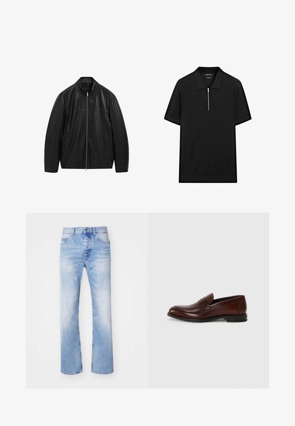 Black zip-up leather jacket with stand collar and two front side pockets, designed with smooth and matte leather paneling.; Black short-sleeve polo shirt with a stand collar and a front zipper. Made of a smooth fabric with a clean, minimalist design.; Light blue denim jeans with a straight leg design, featuring a classic five-pocket style and a subtle faded pattern.; Brown leather loafers with a rounded toe, front strap detail, and a low stacked heel. Smooth texture with minimal decorative accents.