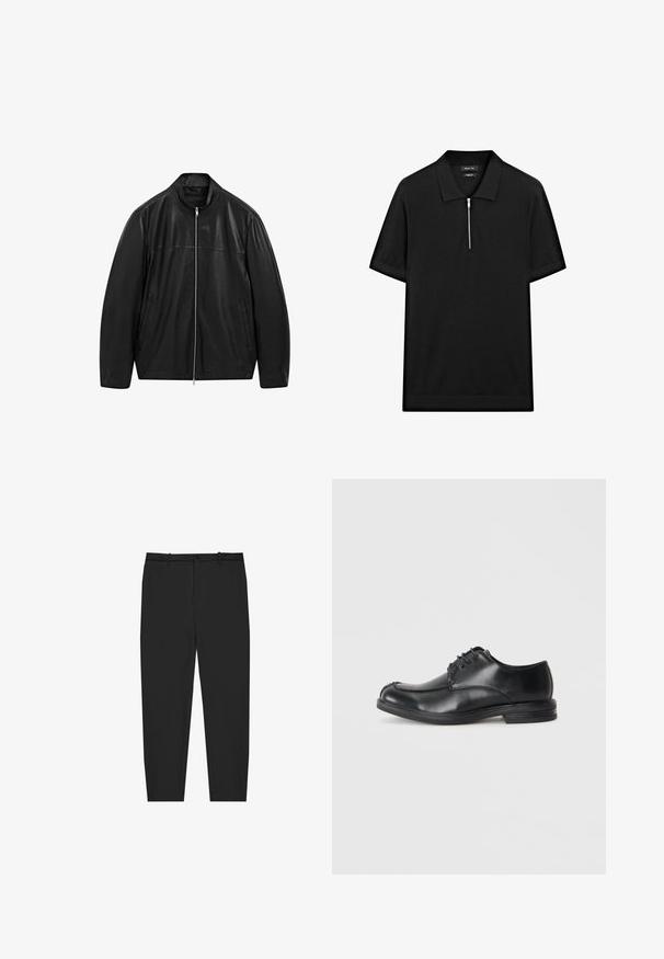 Zwarte leren jack met rits en staande kraag, voorzien van twee voorzakken, ontworpen met een combinatie van gladde en matte leren panelen.; Zwarte polo met korte mouwen, een staande kraag en een rits aan de voorkant. Gemaakt van een gladde stof met een schoon, minimalistisch ontwerp.; Zwarte broek met een getailleerde pasvorm, gemaakt van gladde stof. Voorzien van een knoopsluiting, riemlussen en taps toelopende pijpen. Geen patronen of accenten.; Zwarte leren veterschoenen met een ronde neus, een gladde textuur en een lage hak. Kenmerkt zich door stiksel details langs de bovenkant en zijkanten.