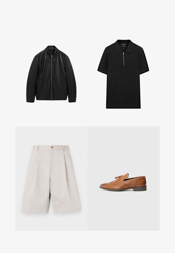 Giacca in pelle nera con zip e colletto alto, progettata con pannelli di pelle liscia e opaca e dotata di due tasche frontali laterali.; Polo shirt nero a maniche corte con colletto rialzato e zip frontale. Realizzato in un tessuto liscio con un design pulito e minimalista.; Bermuda in lino grigio chiaro con un design a gamba larga, caratterizzato da una chiusura frontale con bottone e pieghe sottili per un tocco di texture in più.; Scarpa in pelle marrone con dettagli perforati, lati testurizzati, suola piatta e un fiocco decorativo nella parte superiore. Design classico con una finitura liscia.