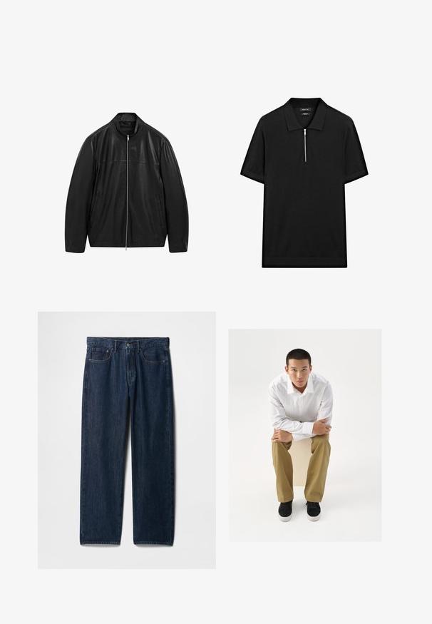Svart läderjacka med dragkedja och ståkrage samt två sidofickor framtill, designad med släta och matta läderpaneler.; Svart kortärmad pikétröja med ståkrage och frontdragkedja. Tillverkad av ett mjukt tyg med en ren, minimalistisk design.; Mörkblå denimjeans med rak benkonstruktion, fem fickor, knäppning med översta knappen och synliga sömmar längs sömmarna.; Vit skjorta med ljusa ränder, khakibyxor och svarta sneakers. Modell sitter på en kub med händerna ihopklämda runt knäna.