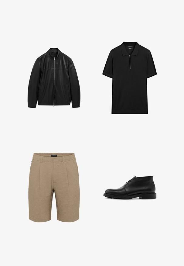 Svart läderjacka med dragkedja och ståkrage samt två sidofickor framtill, designad med släta och matta läderpaneler.; Svart kortärmad pikétröja med ståkrage och frontdragkedja. Tillverkad av ett mjukt tyg med en ren, minimalistisk design.; Beige shorts gjorda av texturerat tyg med en skrynklig yta, elastisk midja och två framfickor.; Svarta läderstövletter med rundad tå, snörning och en platt gummisula. Slät yta med minimal detaljering.