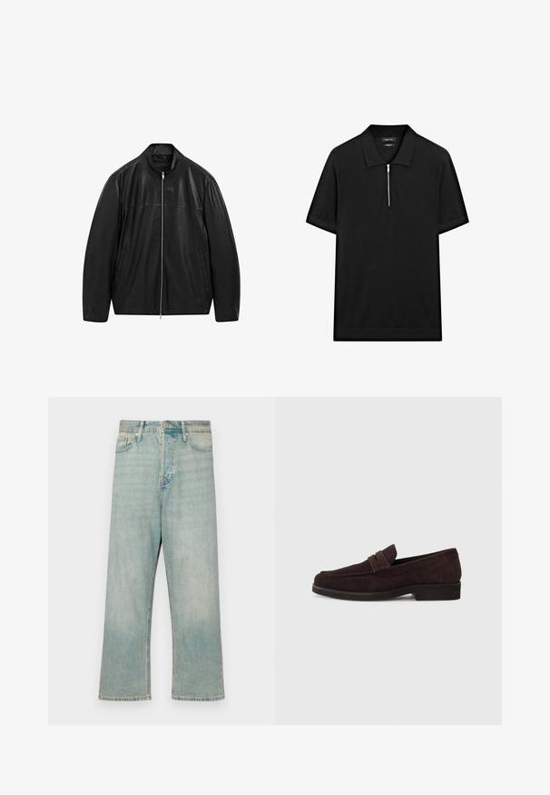 Czarna skórzana kurtka na zamek z stojącym kołnierzem i dwiema przednimi kieszeniami, zaprojektowana z gładkimi i matowymi panelami skórzanymi.; Czarna koszulka polo z krótkim rękawem, z kołnierzykiem stójkowym i zamkiem błyskawicznym z przodu. Wykonana z gładkiego materiału o czystym, minimalistycznym designie.; Jasnoniebieskie dżinsy o luźnym kroju, proste nogawki i wyblakłe wykończenie; posiadają klasyczne zapięcie na guzik i zamek błyskawiczny.; Brązowe zamszowe mokasyny o niskim profilu i zaokrąglonym nosie. Posiadają ozdobny pasek na górze, płaską gumową podeszwę i brak widocznych szwów.