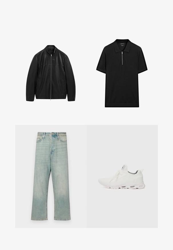 Black zip-up leather jacket with stand collar and two front side pockets, designed with smooth and matte leather paneling.; Black short-sleeve polo shirt with a stand collar and a front zipper. Made of a smooth fabric with a clean, minimalist design.; Light blue denim jeans with a relaxed fit, straight legs, and a faded finish; features a classic button and zipper closure.; White athletic shoes featuring a textured knit upper, flat laces, and a cushioned sole with visible air chambers for added support.