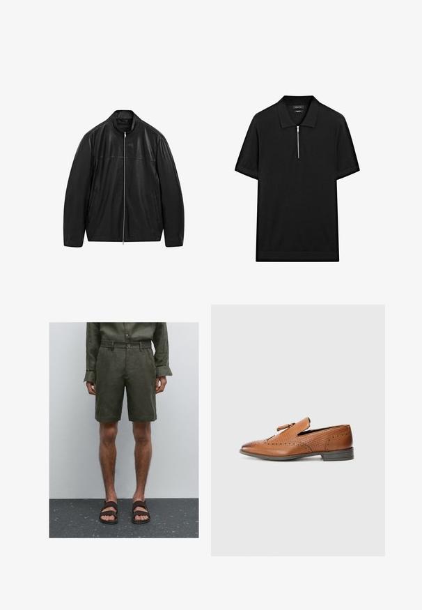 Černá kožená bunda na zip s stojáčkovým límcem a dvěma předními bočními kapsami, navržená s hladkými a matnými koženými panely.; Černé polo tričko s krátkým rukávem, stojatým límečkem a předním zipem. Vyrobeno z hladké tkaniny s čistým, minimalistickým designem.; Olivově zelené lněné šortky s elastickým pasem a knoflíkovým zapínáním. Na sobě má tmavohnědé sandály. Pozadí je jednoduché a neutrální.; Hnědé kožené boty s perforovaným detailem, texturovanými stranami, plochou podrážkou a ozdobnou mašlí na svršku. Klasický design s hladkým povrchem.