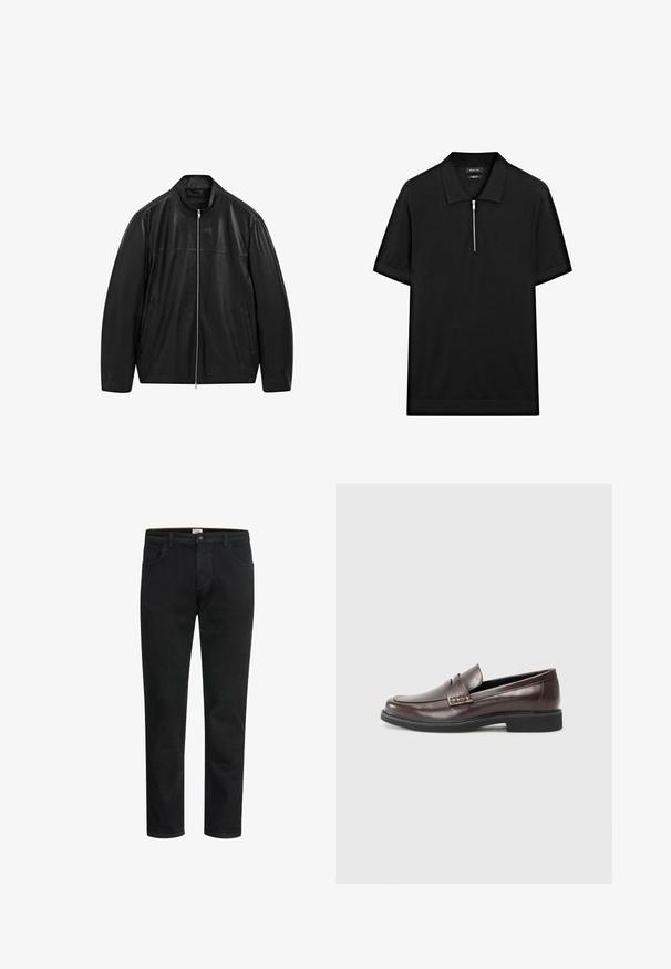 Black zip-up leather jacket with stand collar and two front side pockets, designed with smooth and matte leather paneling.; Black short-sleeve polo shirt with a stand collar and a front zipper. Made of a smooth fabric with a clean, minimalist design.; Black denim jeans with a straight cut, featuring a button and zipper closure, five pockets, and minimal stitching detail.; Brown leather loafers with a smooth finish, featuring a subtle stitched detail on the upper and a black rubber sole.