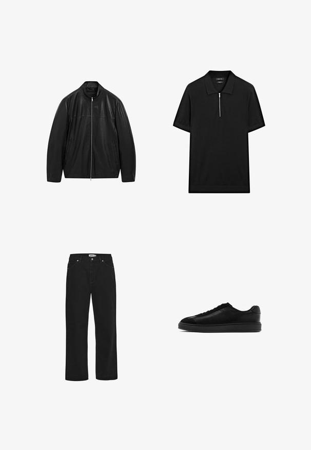 Černá kožená bunda na zip s stojáčkovým límcem a dvěma předními bočními kapsami, navržená s hladkými a matnými koženými panely.; Černé polo tričko s krátkým rukávem, stojatým límečkem a předním zipem. Vyrobeno z hladké tkaniny s čistým, minimalistickým designem.; Černé džíny z denimu se rovnými nohavicemi, pěti kapsami, měděnými kovovými detaily a pevným pasem. Hladká textura, jednoduchý styl.; Černé kožené tenisky s hladkým povrchem, kulatou špičkou, šněrováním na přední části a kontrastní texturovanou klopnou. Silná černá gumová podrážka.