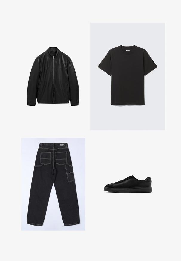 Zwarte leren jack met rits en staande kraag, voorzien van twee voorzakken, ontworpen met een combinatie van gladde en matte leren panelen.; Zwart T-shirt met korte mouwen gemaakt van zachte katoen, met een ronde halslijn en een eenvoudig ontwerp zonder patronen of accenten.; Zwarte denim broek met een relaxte pasvorm, voorzien van meerdere zakken, zichtbare stiksels en een rechte pijp.; Zwarte leren sneakers met een gladde afwerking, ronde neus, vetersluiting aan de voorkant en een contrasterende, gestructureerde tong. Dikke zwarte rubberen zool.