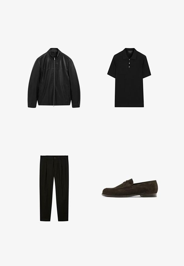 Black zip-up leather jacket with stand collar and two front side pockets, designed with smooth and matte leather paneling.; Black polo shirt with a ribbed texture, short sleeves, a flat collar, and three-button placket. Simple and classic design.; Black tailored trousers made of smooth fabric. Features include flat front, wide legs, and a button closure at the waistband.; Brown suede loafer with a rounded toe, featuring a decorative strap across the upper, and a low leather heel. Smooth texture and minimal design.