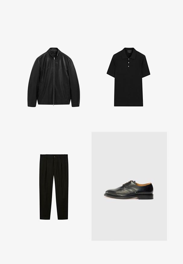 Czarna skórzana kurtka na zamek z stojącym kołnierzem i dwiema przednimi kieszeniami, zaprojektowana z gładkimi i matowymi panelami skórzanymi.; Czarna koszulka polo z prążkowanym wzorem, krótkimi rękawami, płaskim kołnierzykiem i zapięciem na trzy guziki. Prosty i klasyczny design.; Czarne dopasowane spodnie wykonane z gładkiego materiału. Cechy to płaski przód, szerokie nogawki i zapięcie na guzik w pasie.; Czarne skórzane buty eleganckie z gładkim wykończeniem, okrągłym noskiem i minimalnym sznurowaniem. Charakteryzują się subtelnym wzornictwem oraz niską, solidną gumową podeszwą.