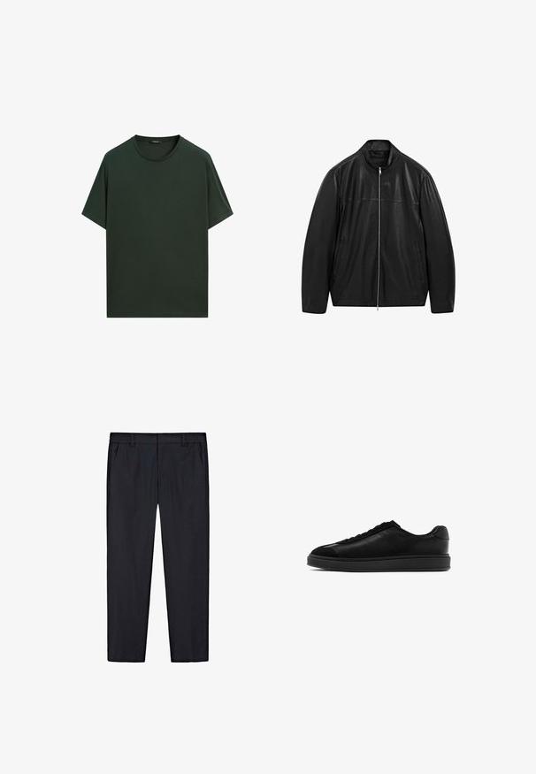 Sort zip-up læderjakke med opretstående krave og to forreste sidelommer, designet med glat og mat læderpaneler.; Mørkegrøn bomuld t-shirt med ribbet rund hals, korte ærmer og en afslappet pasform. Glat tekstur uden synlige dekorationer.; Sorte lige bukser med elastisk talje, bæltestropper og sidelommer, præsenteret fladt på hvid baggrund.; Sorte lædersneakers med en glat overflade, rund tå, snørebånd foran og en kontrasterende tekstureret tunge. Tykk sort gummisål.