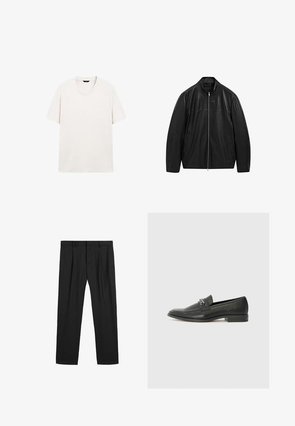 Zwarte leren jack met rits en staande kraag, voorzien van twee voorzakken, ontworpen met een combinatie van gladde en matte leren panelen.; Effen wit T-shirt met korte mouwen en ronde hals, plat weergegeven met goed zichtbare label bij de hals op een witte achtergrond.; Zwarte geplooide broeken gemaakt van een gladde stof, met een traditionele tailleband en een recht gesneden ontwerp. Geen zichtbare patronen of hardware.; Zwarte leren instapper met een gladde afwerking, voorzien van een gestikt ontwerp en een decoratieve metalen kettingaccent over de wreef. Platte hak.
