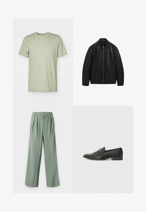 Zwarte leren jack met rits en staande kraag, voorzien van twee voorzakken, ontworpen met een combinatie van gladde en matte leren panelen.; Lichtgroene katoenen T-shirt met een ronde ronde hals, korte mouwen en een subtiel merkje gedrukt in het midden van de borst.; Groene wijde pantalon met plooien, gemaakt van gladde stof. Voorzien van een ritsluiting en twee zijzakken. Eenvoudig, op maat gemaakt ontwerp.; Zwarte leren instapper met een gladde afwerking, voorzien van een gestikt ontwerp en een decoratieve metalen kettingaccent over de wreef. Platte hak.