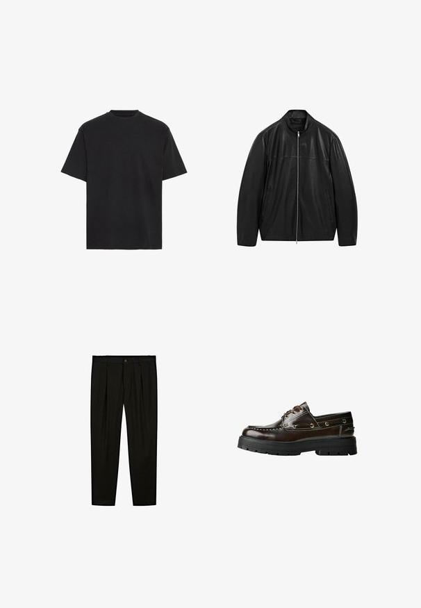 Černá kožená bunda na zip s stojáčkovým límcem a dvěma předními bočními kapsami, navržená s hladkými a matnými koženými panely.; Černé bavlněné tričko, krátké rukávy, kulatý výstřih, lehké, volný střih, hladká textura, bez viditelných vzorů nebo akcentů.; Černé oblekové kalhoty vyrobené z hladké tkaniny. Mezi další vlastnosti patří rovný přední díl, široké nohavice a zapínání na knoflík v pase.; Hnědé kožené lodní boty s gumovou podrážkou, včetně švových detailů, kovových ok a tkaničkového designu. Robustní, lehká konstrukce.