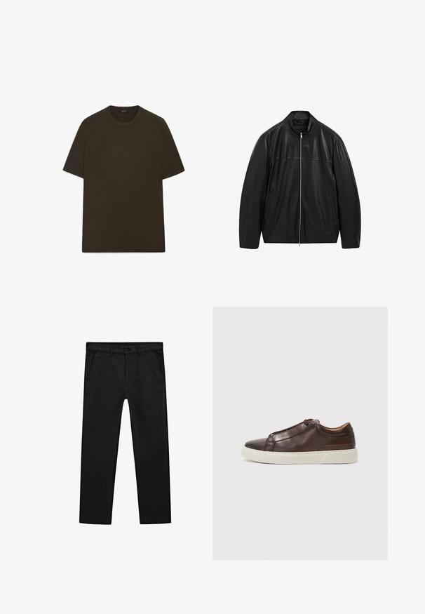 Black zip-up leather jacket with stand collar and two front side pockets, designed with smooth and matte leather paneling.; Dark brown short-sleeve T-shirt. Made of soft cotton fabric with a classic crew neckline. Simple, straight cut without patterns or accents.; Black cotton pants featuring a straight-leg design, front pockets, and a classic button closure with a zip fly. Smooth texture, tailored fit.; Brown leather sneaker with a rounded toe, contrasting white rubber sole, stitched accents, and no visible laces. Smooth texture overall.