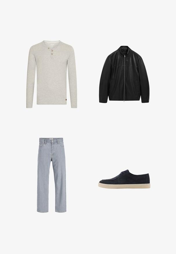 Giacca in pelle nera con zip e colletto alto, progettata con pannelli di pelle liscia e opaca e dotata di due tasche frontali laterali.; Maglietta grigia chiara a maniche lunghe realizzata in tessuto morbido, con scollatura rotonda, tre bottoni in legno e un piccolo patch logo marrone sull'orlo.; Jeans in denim azzurro chiaro con vestibilità rilassata, design a gamba dritta, cuciture visibili, due tasche frontali e chiusura con bottone.; Scarpa in suede blu navy con punta rotonda, due fori per i lacci e suola in gomma crema. Texture liscia e design minimalista.