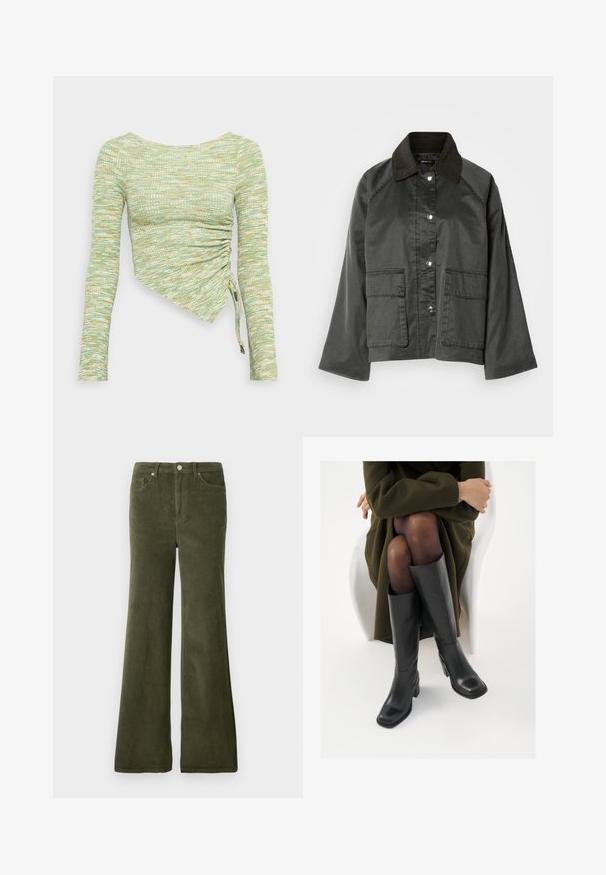 Front view of a gray, lightweight jacket with a dark brown collar, snap buttons, and two large front pockets. Smooth texture, casual design.; Long-sleeve top in textured mint green and yellow fabric, featuring an asymmetrical cut with side ruching and ties at the hem.; Olive green corduroy flared pants with a smooth texture, front pockets, and a metal button closure at the waist.; Knee-high black leather boots with a squared toe and block heel, shown with a model seated in an olive green coat. Smooth texture, minimal detailing.