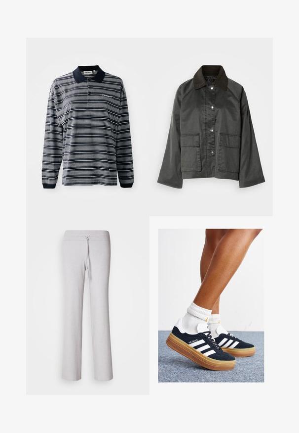 Voorkant van een grijze, lichte jas met een donkerbruine kraag, drukknoopsluitingen en twee grote voortassen. Gladde textuur, casual ontwerp.; Langsleeve polo shirt in marineblauw en witte strepen, van katoen, met een kraag, drie knopen bij de hals en een klein geborduurd logo op de borst.; Lichtgrijze, ribbelstof loungebroek met een tailleband met trekkoord en wijduitlopende pijpen. Soepele textuur, volledige lengte.; Zwarte suède sneakers met witte strepen en accenten, ronde neus, gum rubberen buitenzool, gecombineerd met witte geribbelde crewkousen.