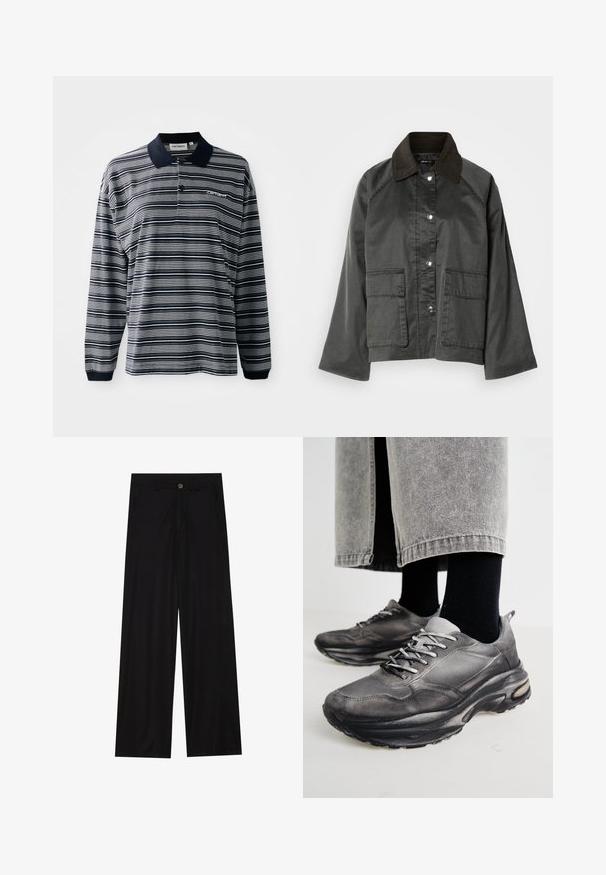 Frontvinkel av en grå, lett jakke med en mørk brun krage, trykknapper og to store frontlommer. Glatt tekstur, uformelt design.; Langermet polo shirt i marineblå og hvite striper, i bomull, med krage, tre-knappers placket, og en liten brodert logo på brystet.; Bredde ben sorte bukser laget av et glatt stoff, med frontlommer og knappelukking i midjen. Minimalistisk design uten mønstre.; Sorte og grå treningssko har en mesh-overdel, tykke såler og snøring. De har en rund tå og synlige dempe detaljer.