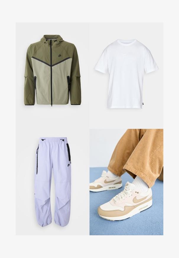 Meeste Nike jope oliivrohelises ja helesinisest, millel on tõmblukuga sulgur, kapuuts ja mustad aktsendid. Valmistatud kergest, tekstuurilisest kangast.; Valge puuvillane t-särk lühikeste varrukatega ja ümmarguse kaelusega. Sellega on kaasas väike, tagasihoidlik Nike logo rinnal ja külgmine silt.; Heledad lillad Nike püksid, millel on elastne vöökoht, külgedel lukuga taskud ja mustad aktsendid. Kangas on sileda tekstuuriga ja vabalt istuv.; Nike Sportswear AIR MAX 1 - Tossud - phantom/khaki/black