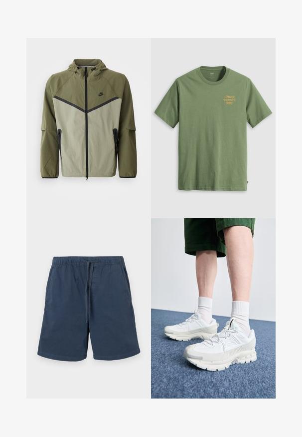 Férfi Nike dzseki olajzöld és világosszürke színben, cipzáros záródással, kapucnival és fekete részletekkel. Könnyű, texturált anyagból készült.; Zöld pamut póló rövid ujjal, bal mellen sárga grafikus felirattal, amelyen az "HOUSE PLANTS" és a Levi's logo található.; Tengerészkék, pamut anyagú rövidnadrág, elasztikus derékkal és húzózsinórral. Oldal zsebekkel rendelkezik és egyenes szabású.; Fehér sportcipők texturált burkolattal, vastag talppal és szürke részletekkel. Fehér sportzoknival és zöld rövidnadrággal viselve, kék felületen.