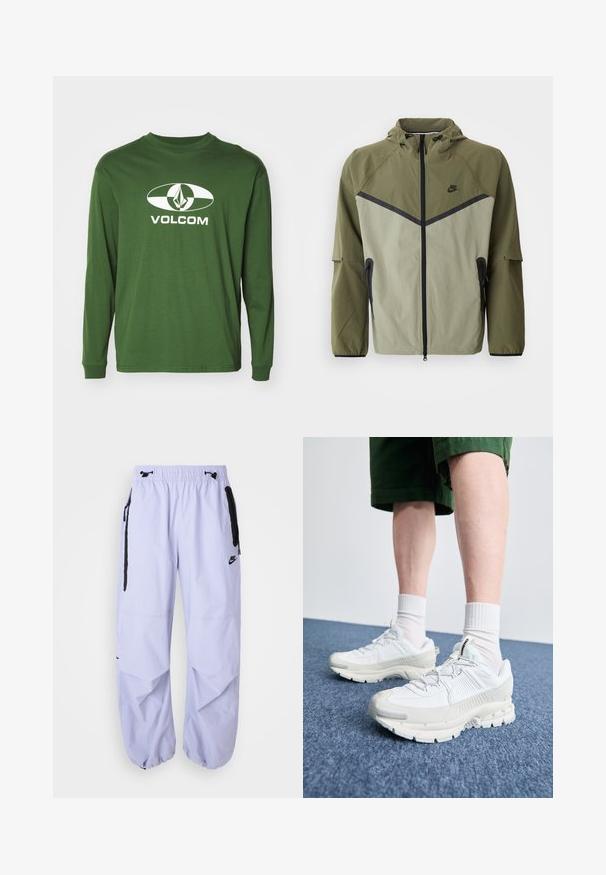 Herren Nike-Jacke in Olivgrün und Hellgrau, mit Reißverschluss, Kapuze und schwarzen Akzenten. Hergestellt aus leichtem, strukturiertem Stoff.; Langärmliges grünes Baumwoll-T-Shirt mit einem weißen ovalen Logo, das eine Diamantform zeigt, und dem Text "VOLCOM" darunter zentriert.; Helle lilafarbene Nike-Hose mit elastischem Bund, seitlichen Reißverschlusstaschen und schwarzen Akzenten. Der Stoff hat eine glatte Textur und ist locker geschnitten.; Weiße Sportschuhe mit strukturierten Überzügen, einer dicken Sohle und grauen Akzenten. Tragen mit weißen Crew-Socken und grünen Shorts auf einer blauen Oberfläche.