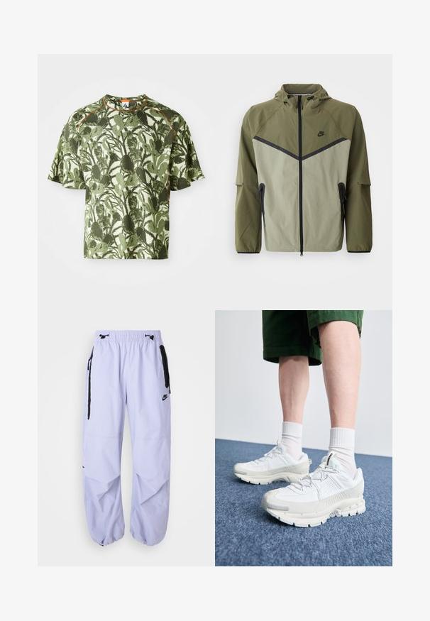 Vīriešu Nike jaka olīvzaļā un gaiši pelēkā krāsā, ar rāvējslēdzēja aizdari, kapuci un melniem akcentiem. Izgatavota no viegla, teksturēta auduma.; Zaļa īsām piedurknēm T-kreklis ar teksturētu lapu rakstu, kuram ir oranžs akcents apkaklē un brīvs piegriezums. Izgatavots no elpojoša materiāla.; Gaiši lilak strāvu Nike bikses ar elastīgu jostasvietu, sānu rāvējslēdzēju kabatām un melniem akcentiem. Audumam ir gluda tekstūra un brīvs piegriezums.; Baltas sporta apavi ar teksturētām detaļām, masīvu zoli un pelēkiem akcentiem. Valkāti ar baltiem zeķu pēdu apģērbiem un zaļām šortiem uz zilas virsmas.