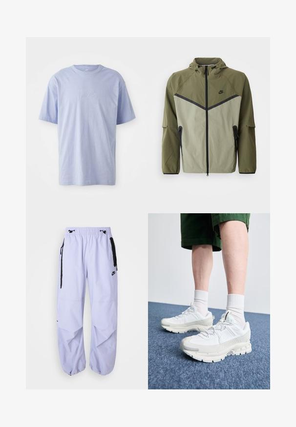 Pánská Nike bunda v olivově zelené a světle šedé barvě, s zipovým uzávěrem, kapucí a černými akcenty. Vyrobena z lehkého, strukturovaného materiálu.; Světle modré bavlněné tričko s kulatým výstřihem a krátkými rukávy. Na přední části je embosované logo "nike" uprostřed. Měkká textura.; Světle fialové kalhoty Nike s elastickým pasem, bočními zipovými kapsami a černými akcenty. Tkanina má hladkou strukturu a volný střih.; Bílé sportovní boty s texturovanými překryvy, masivní podrážkou a šedými akcenty. Na nohou mají bílé ponožky a zelené šortky na modrém povrchu.
