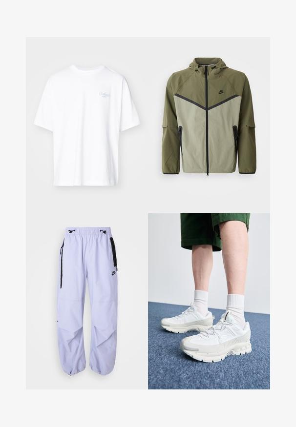 Veste Nike pour homme en vert olive et gris clair, dotée d'une fermeture éclair, d'une capuche et d'accents noirs. Fabriquée en tissu léger et texturé.; Carhartt WIP SIGNATURE SCRIPT - T-shirt basique - white/dusty ice; Pantalon Nike lilas clair avec une taille élastique, des poches zippées sur les côtés et des accents noirs. Le tissu a une texture lisse et une coupe décontractée.; Des chaussures de sport blanches avec des superpositions texturées, une semelle épaisse et des accents gris. Portées avec des chaussettes blanches et des shorts verts sur une surface bleue.