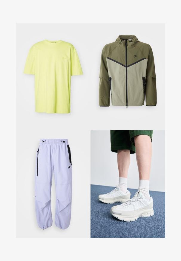 Herren Nike-Jacke in Olivgrün und Hellgrau, mit Reißverschluss, Kapuze und schwarzen Akzenten. Hergestellt aus leichtem, strukturiertem Stoff.; Kurzärmeliges T-Shirt aus leuchtend gelber Baumwolle, mit Rundhalsausschnitt und einem dezenten Logo auf der linken Brust. Glatte Textur, lockere Passform.; Helle lilafarbene Nike-Hose mit elastischem Bund, seitlichen Reißverschlusstaschen und schwarzen Akzenten. Der Stoff hat eine glatte Textur und ist locker geschnitten.; Weiße Sportschuhe mit strukturierten Überzügen, einer dicken Sohle und grauen Akzenten. Tragen mit weißen Crew-Socken und grünen Shorts auf einer blauen Oberfläche.