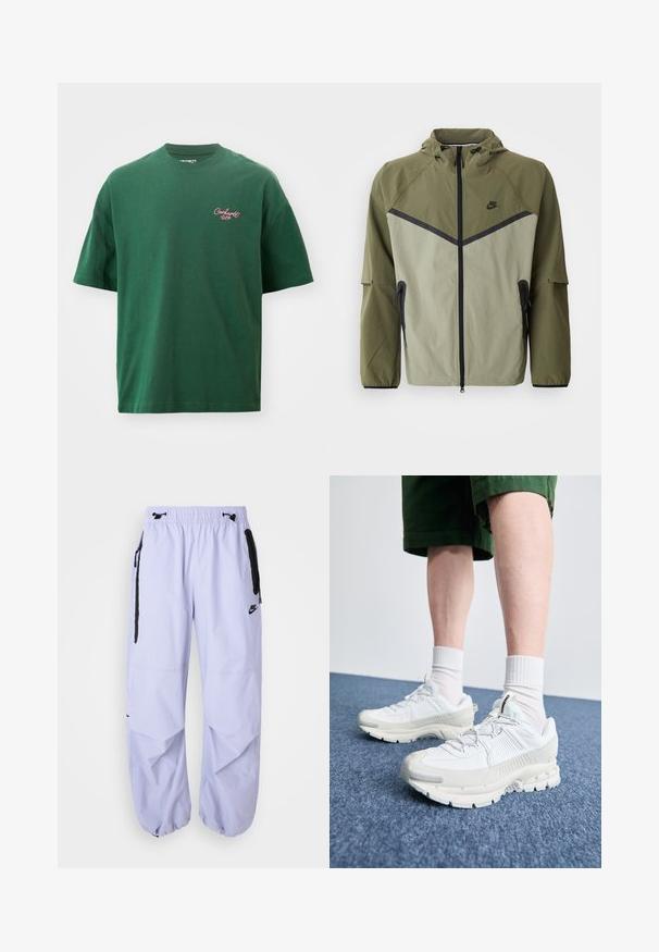 Heren Nike jack in olijfgroen en lichtgrijs, voorzien van een ritssluiting, capuchon en zwarte accenten. Gemaakt van lichtgewicht, gestructureerde stof.; Groen t-shirt met korte mouwen, gemaakt van katoen. Heeft een ronde halslijn en een klein roze "Carhartt WIP" logo op de linkerborst.; Licht lila Nike-broek met een elastische tailleband, zijzakken met ritssluiting en zwarte accenten. De stof heeft een soepele textuur en een losse pasvorm.; Witte sportieve schoenen met textuuroverlays, een dikke zool en grijze accenten. Draag ze met witte crew-sokken en groene shorts op een blauwe ondergrond.