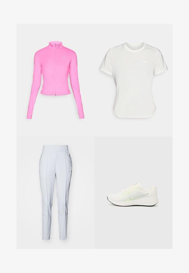 Roza sportska jakna sa uspravnim ovratnikom, dugim rukavima i prednjim patentnim zatvaračem. Ima mali srebrni logo na lijevoj strani prsa. Glatka tekstura.; Nike majica u bijeloj boji, kratkih rukava, okruglog izreza, izrađena od glatkog, laganog materijala. Sadrži diskretni логотип na prsima.; Svijetlosivi atletski hlače s širokim elastičnim pojasom, sužavajući nogavice, suptilnim plisiranim detaljima i zatvaračem na gležnjevima.; Nike Performance DOWNSHIFTER 13 - Tenisice za cestovno trčanje - sail/silver-coloured photon dust/summit white/barely volt/black