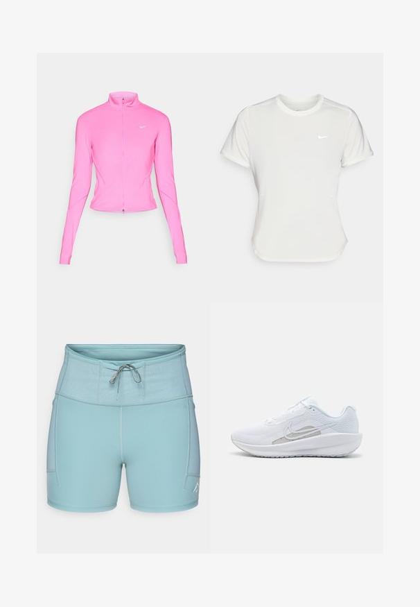 Jachetă sport roz cu guler înalt, mâneci lungi și fermoar frontal. Prezintă un mic logo argintiu pe pieptul stâng. Textură netedă.; Tricou Nike alb, cu mâneci scurte, decolteu rotund, fabricat dintr-un material neted și ușor. Prezintă un logo subtil pe piept.; Pantaloni scurți sport de culoare albastru deschis, cu o talie elastică lată, șnur și buzunare laterale. Material neted cu cusături plate pentru confort.; Pantof de atletism alb cu plasă superioară, vârf rotunjit și talpă texturată. Prezentă un logo Nike argintiu și un design minimalist.