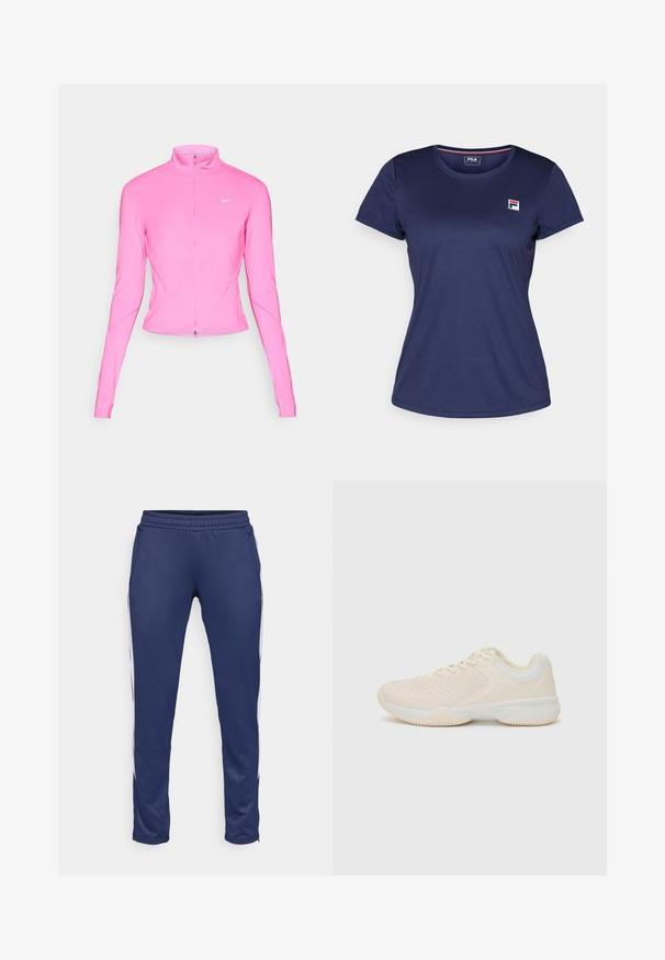 Pink athletic jacket with a stand-up collar, long sleeves, and a front zipper. Features a small silver logo on the left chest. Smooth texture.; Navy blue short-sleeve t-shirt made of smooth fabric, featuring a small Fila logo on the left chest. Round neckline and classic fit.; Navy athletic pants made of smooth fabric, featuring a tapered design, elastic waistband, and white side stripes. Includes two pockets.; Light beige athletic shoe with a textured upper, contrasting white accents, a round toe, and a flexible rubber sole.