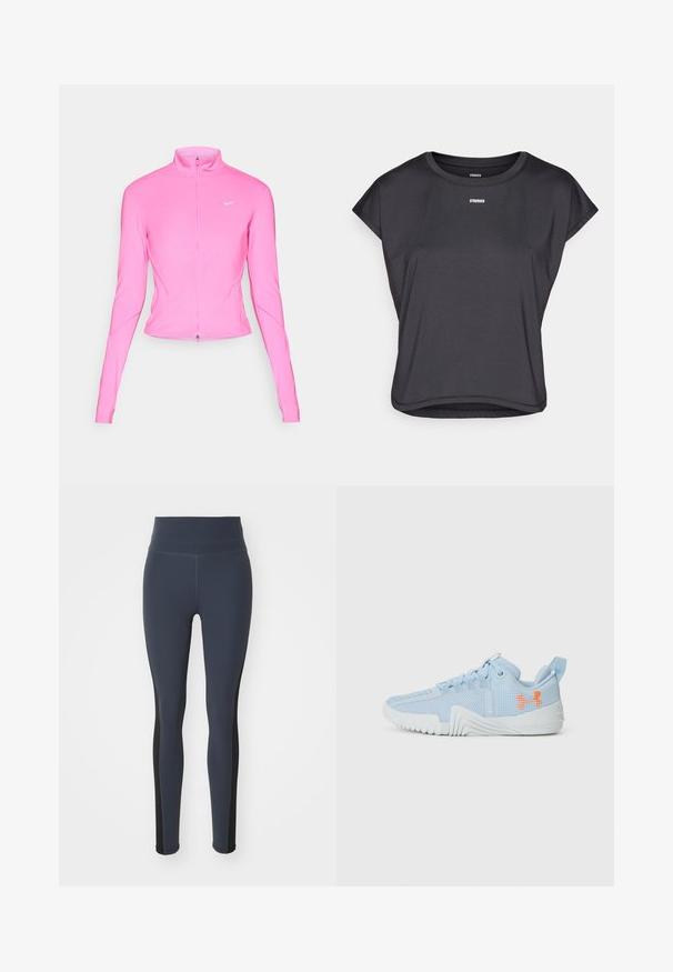 Jachetă sport roz cu guler înalt, mâneci lungi și fermoar frontal. Prezintă un mic logo argintiu pe pieptul stâng. Textură netedă.; Top scurt negru, cu mânecă scurtă, realizat dintr-un material neted, având un decolteu rotund și cuvântul "STRONGER" imprimat în alb pe piept.; Colanți de culoare bleumarin, dintr-un material elastic, cu panouri laterale negre și un talie înaltă. Textură netedă și design ajustat.; Gheată sport de culoare albastru deschis, fabricată din material din plasă, cu o talpă texturată, având un logo portocaliu și un design cu șireturi.
