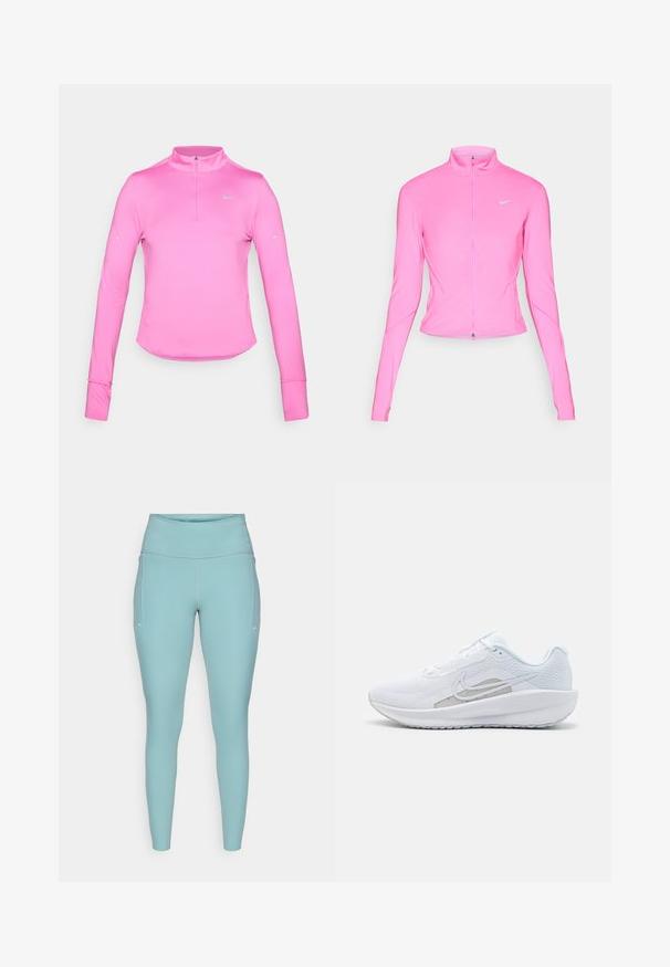 Vaaleanpunainen urheilutakki, jossa on pystykaulus, pitkät hihat ja etuvetoketju. Vasen rinta sisältää pienen hopeanvärisen logon. Pintamateriaali on sileä.; Pitkähihainen vaaleanpunainen urheilupaita, jossa on puolivetoketju kauluksessa, tiukka istuvuus, pyöreä helma ja heijastava Nike-logo vasemmassa yläkulmassa. Pehmeä, joustava kangas.; Vaaleansiniset legginsit, jotka on valmistettu joustavasta materiaalista. Ne sisältävät korkean vyötärön, saumattoman muotoilun ja minimaalista valkoista yksityiskohtaa sivuilla.; Valkoinen urheilujalkine, jossa on verkkomateriaali ylhäällä, pyöreä varvas ja teksturoitu pohja. Varustettu hopeisella Nike-ikkunalla ja minimalistisella muotoilulla.