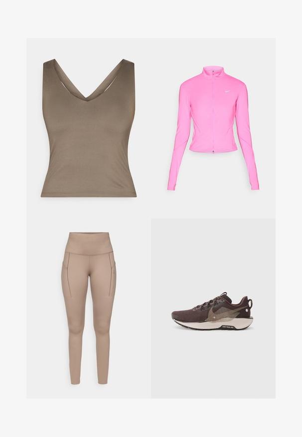 Růžová sportovní bunda s stojáčkovým límcem, dlouhými rukávy a předním zipem. Na levé části hrudi se nachází malé stříbrné logo. Hladká textura.; Hnědý bezrukávový top s hlubokým výstřihem do V, vyrobený z hladkého materiálu. Má přiléhavý střih a čisté, minimalistické švy.; Béžové sportovní legíny s vysokým pasem, s dvěma bočními kapsami a hladkým, pružným materiálem. Discreetní detail loga v šedé barvě.; Tmavě hnědá běžecká obuv s texturovaným síťovaným vrškem, kontrastními světle hnědými detaily, segmentovanou podrážkou a reflexními prvky.